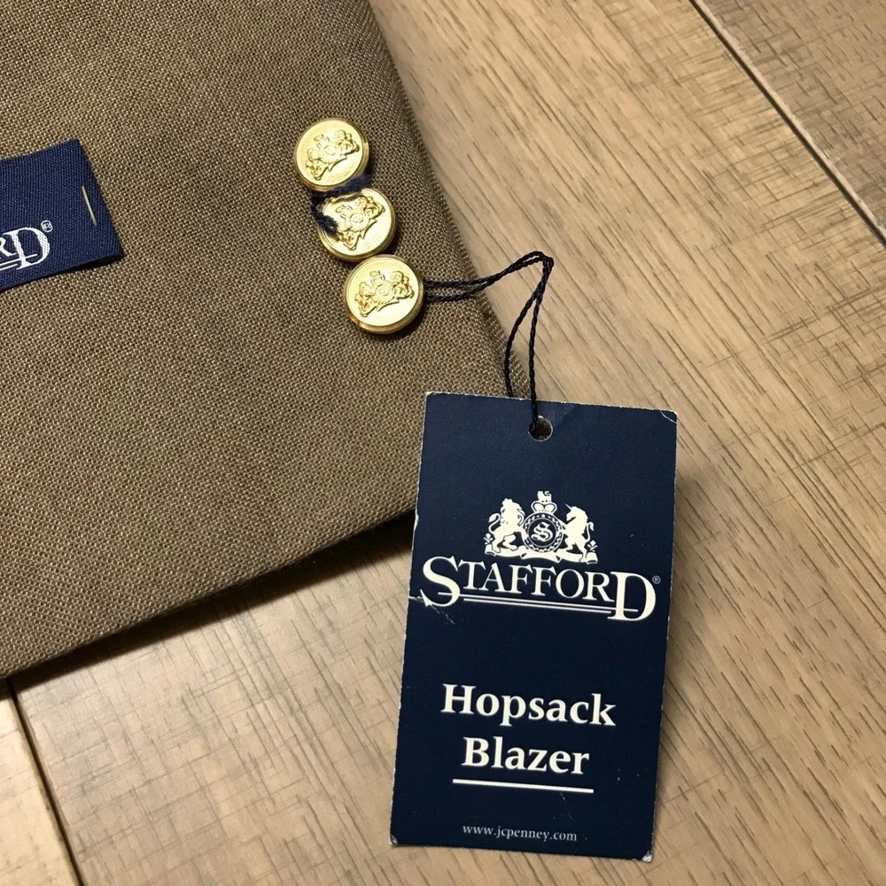 Stafford Hopsack‎ Blazer Mens Size 46L Worsted Wool Blend Brown Sport Coat NEW